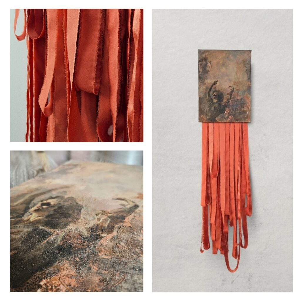 "Dancing in the Dawn" 29,5 x 130 cm, Mixed Media auf Leinwand, Satinbänder, 2025