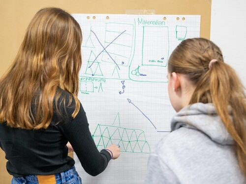Zwei Mädchen stehen vor einer Pinnwand und überlegen die Lösung für eine Aufgabe.