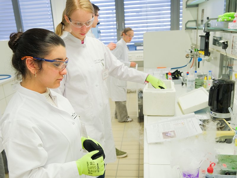 2025-girlsday-wwu-chemie-8 Durchführung spannender Experimente im Labor in vollen Montur: Kittel, Schutzbrille und Handschuhe